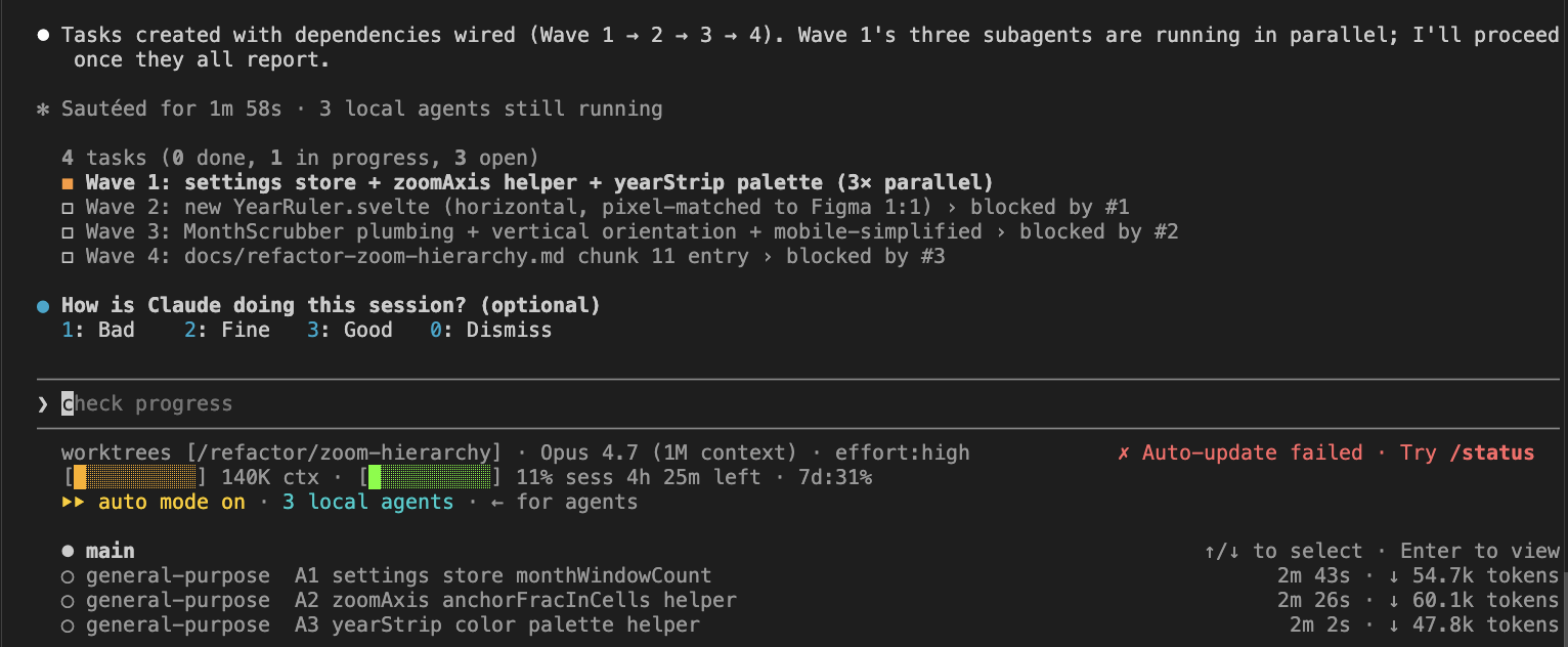 Claude Code orchestrator session with three subagents running in parallel — Wave 1 of a dependency-wired plan, with later waves blocked behind it.