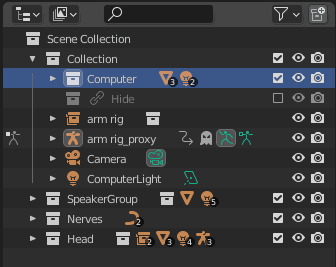 The final layout — every asset bundled into its own collection alongside its lights.