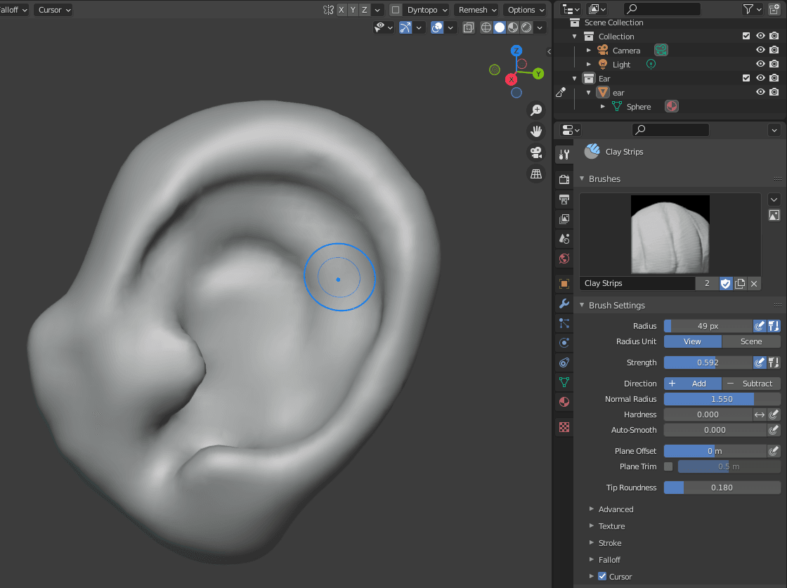 Ear — sculpted from a sphere in the Sculpting workspace.