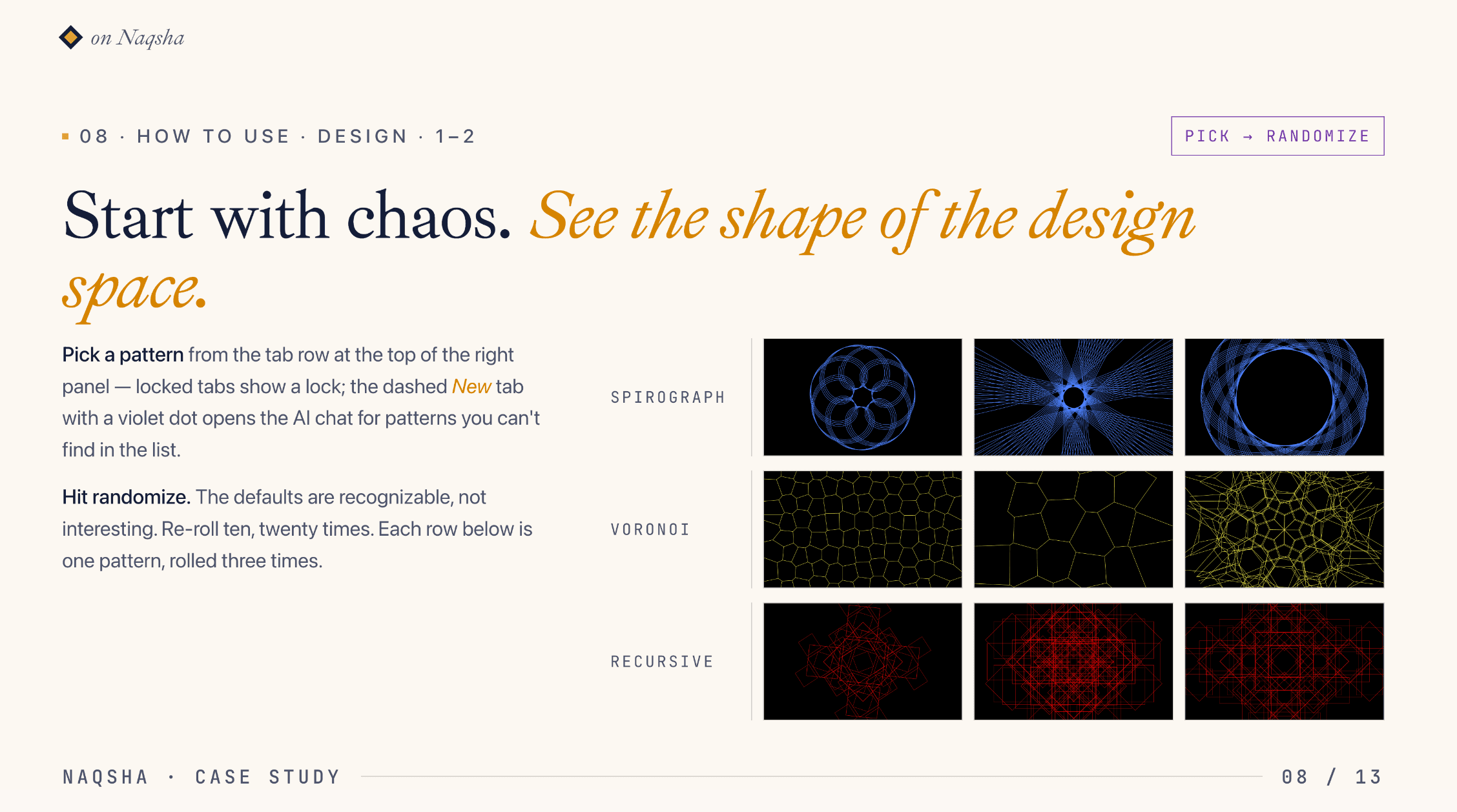 Start with chaos - three pattern families (spirograph, recursive, flow lines), randomized to show the breadth of the design space.