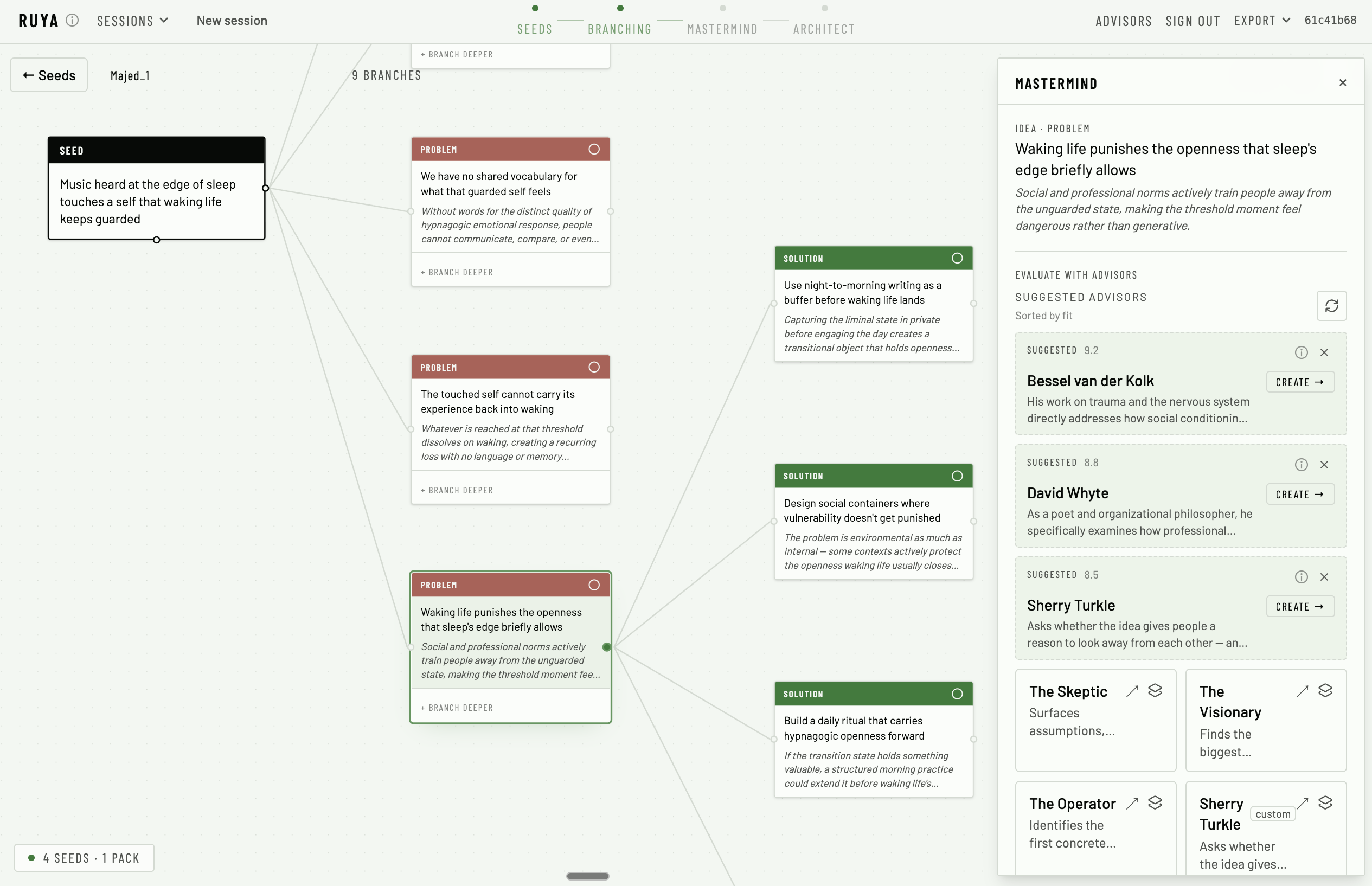 The map layout: one seed (left) branches into problems, each into candidate solutions, with the mastermind advisor panel open at right. Same pipeline data, rendered for exploration rather than linear re-runs.