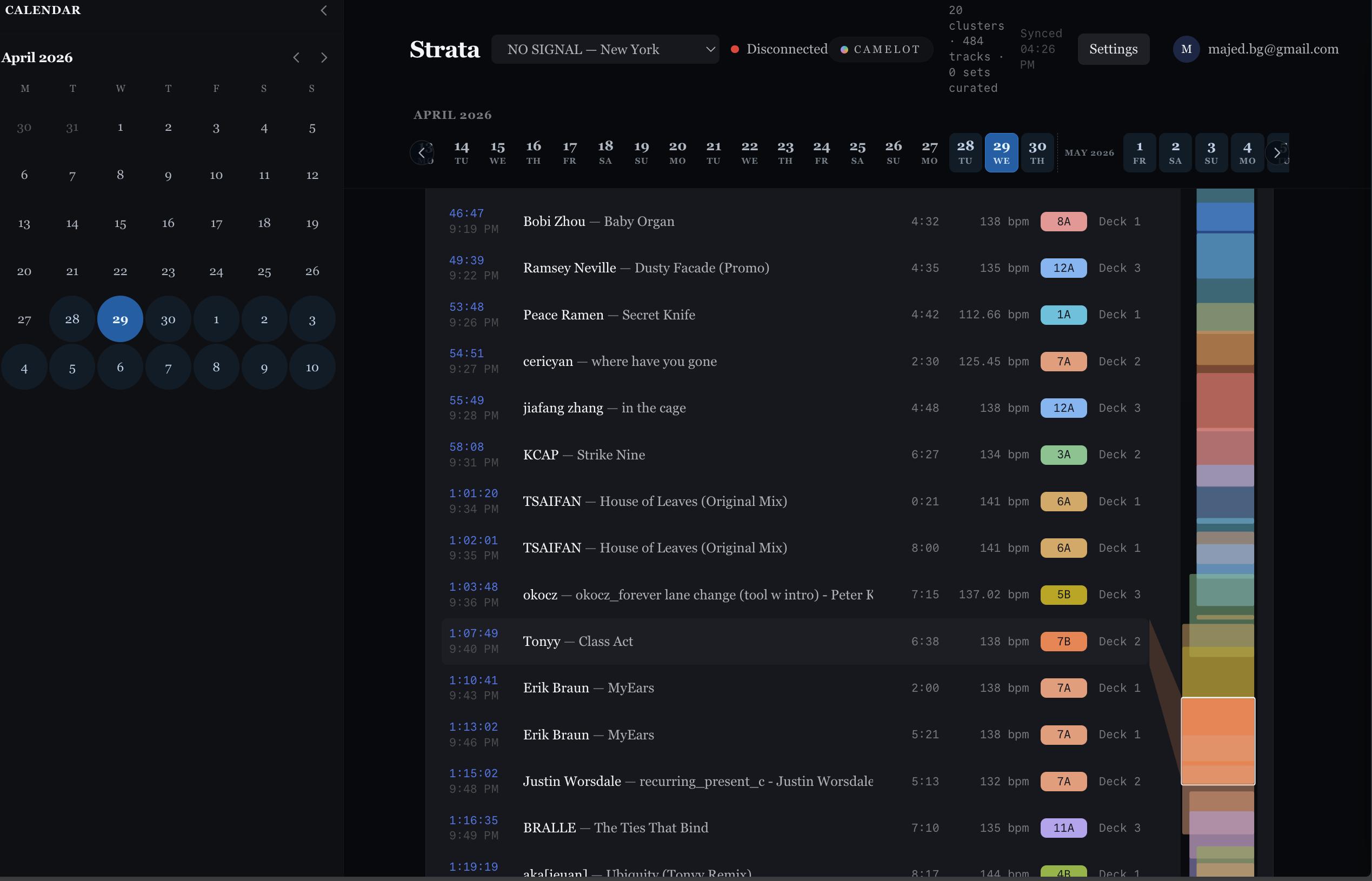 Strata web tracklist — calendar, set timeline, Camelot key coloring, and strata bars