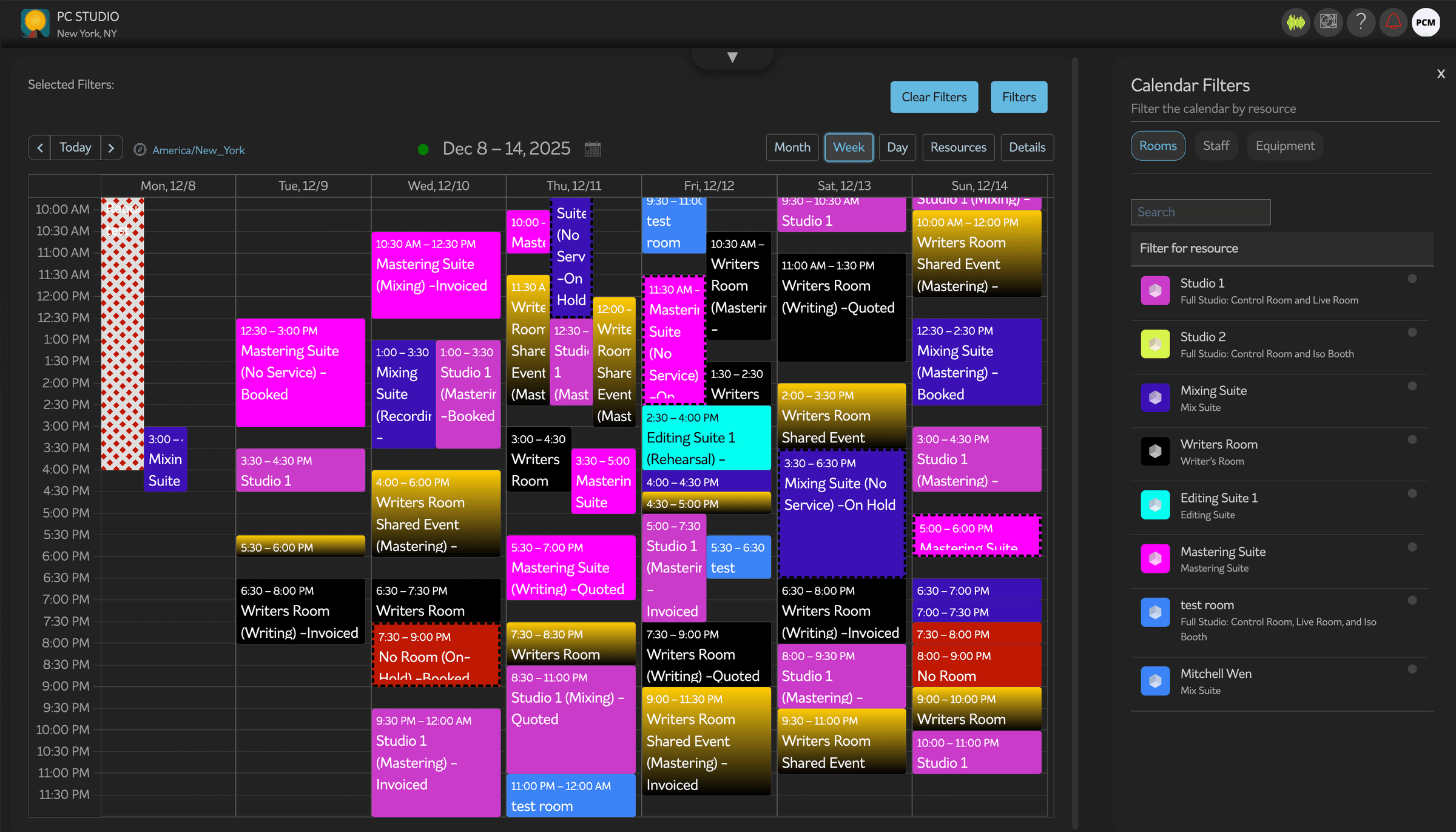 Calendar filtered by room, staff, or equipment.