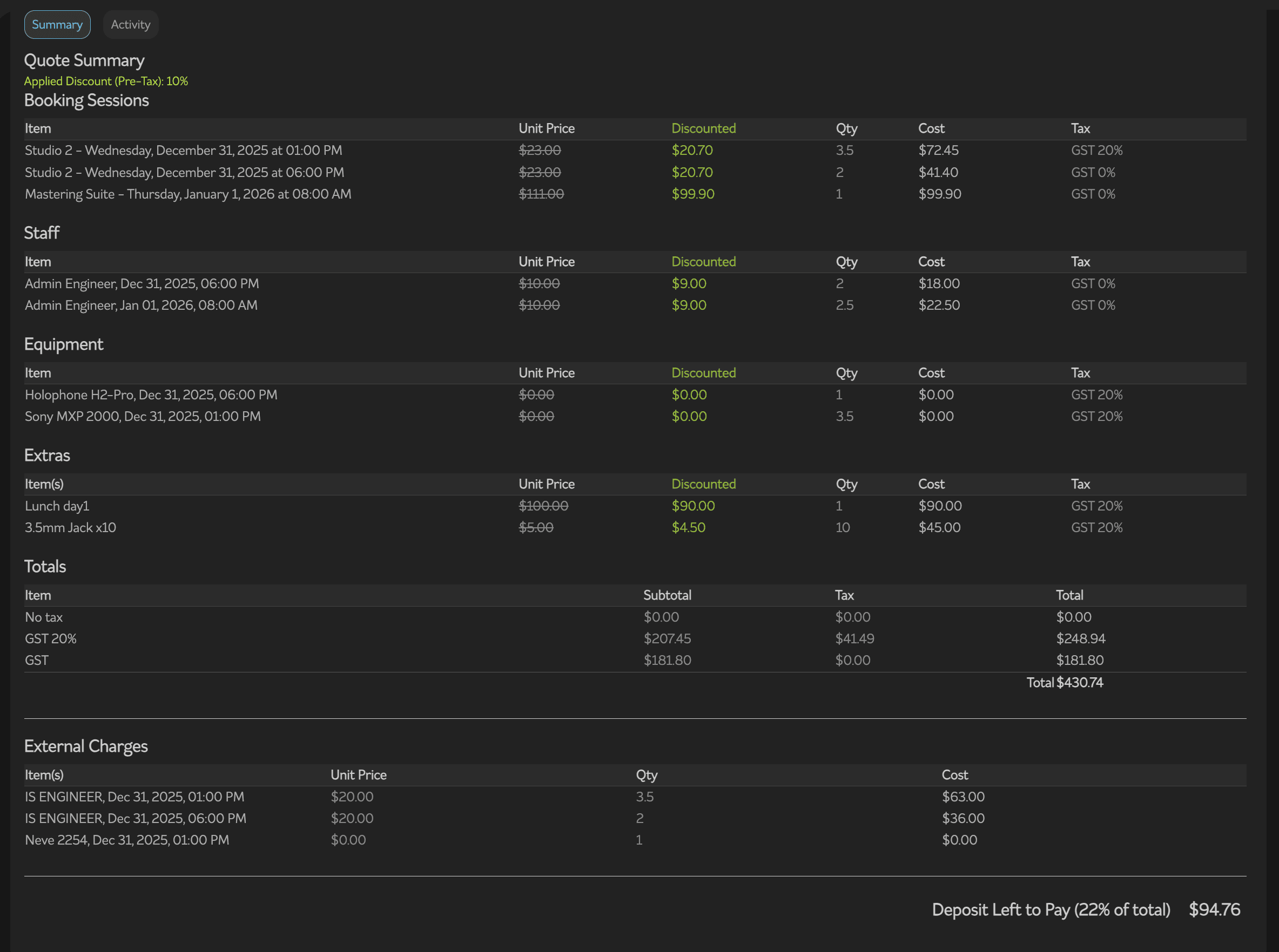 Pre-booking quote summary and post-booking final invoice in one component.
