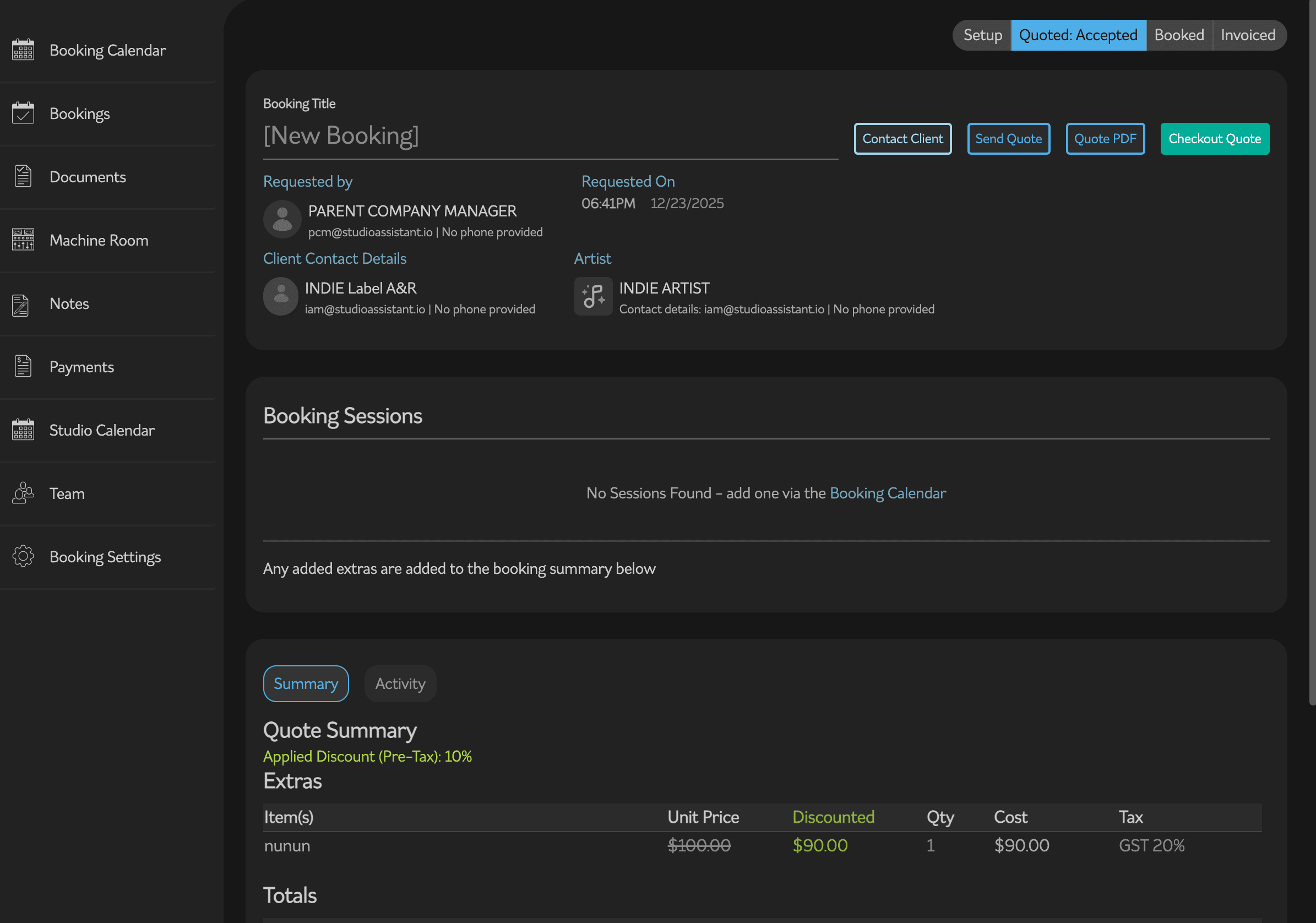 Booking page with color-coded status bar and editable client / artist / project header.